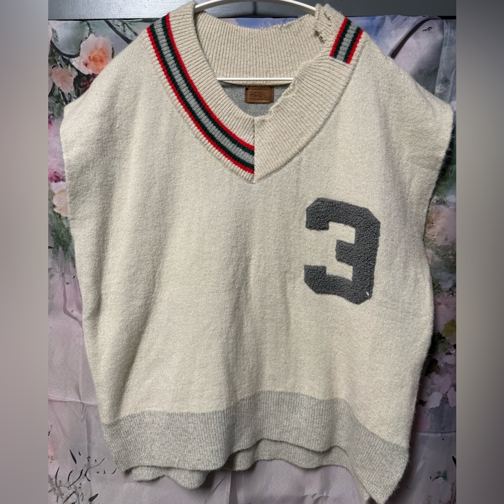 POL Cream V-Neck Sweater Vest with Green and Red Stripe